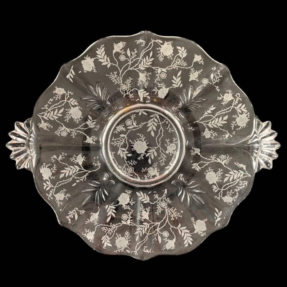 Vtg Fostoria Baroque Fleur de Lis Glass Plate Floral Chintz Scalloped Handles